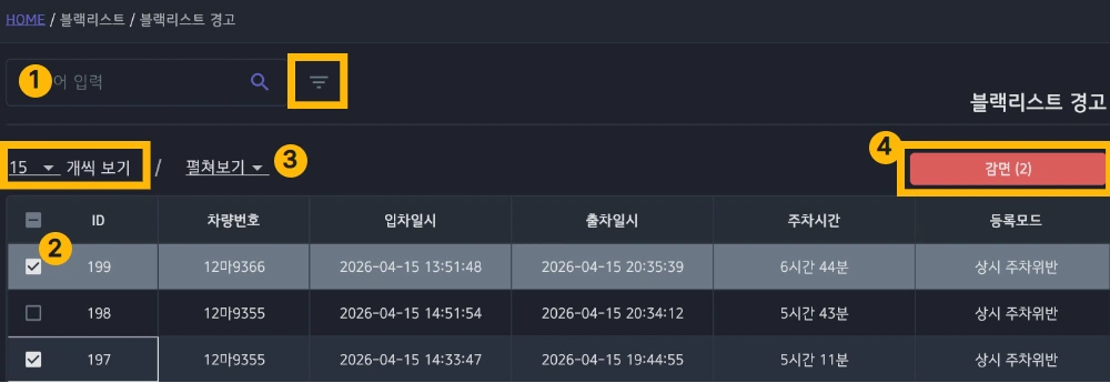 블랙리스트 경고 목록 화면