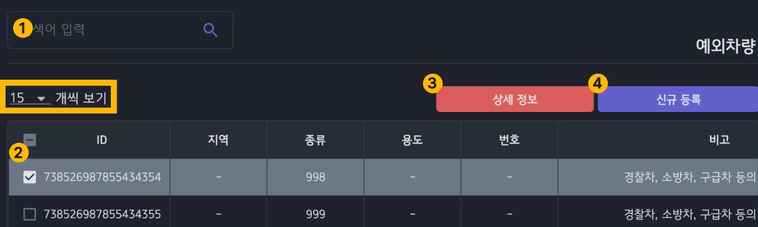 예외차량 목록 화면