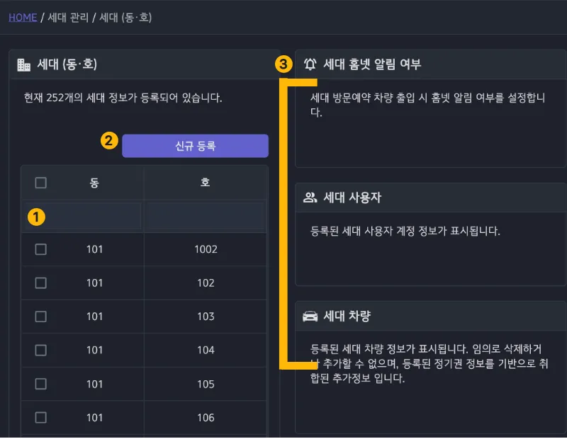 세대 데이터 등록 화면